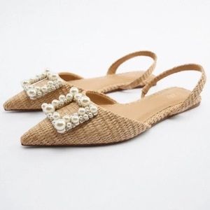 ZARA Raffia Slingback Flat Sandals Pearl Detail Size 9/40